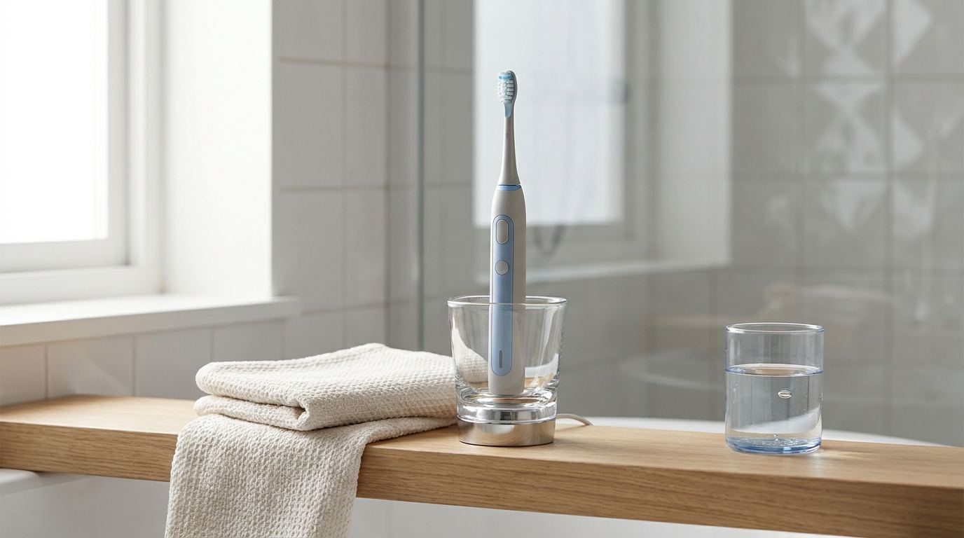 Schallzahnbürste steht aufrecht in einem Ladeglas auf einem hellen Badezimmerregal neben Handtuch und Wasserglas