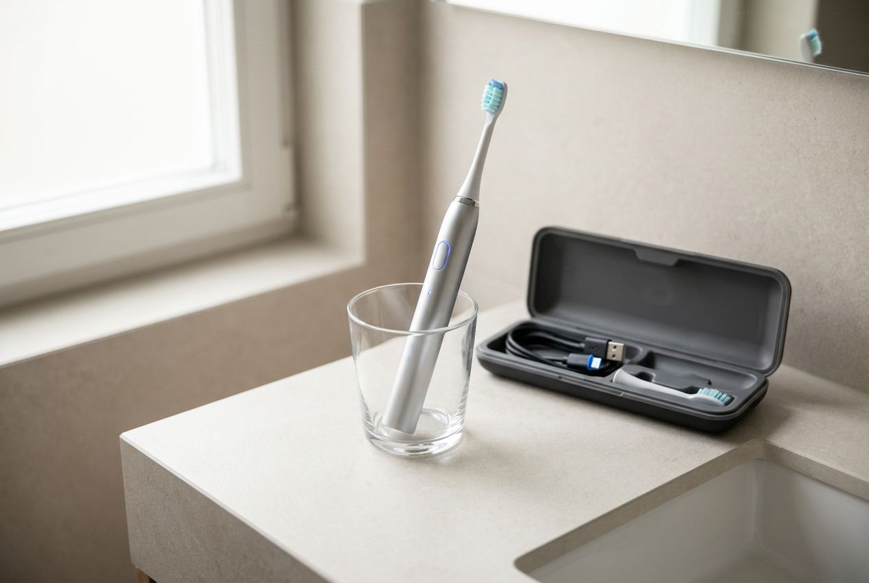Schallzahnbürste im gläsernen Ladeglas neben einem geöffneten Reiseladeetui mit USB-Kabel und Ersatzbürstenkopf
