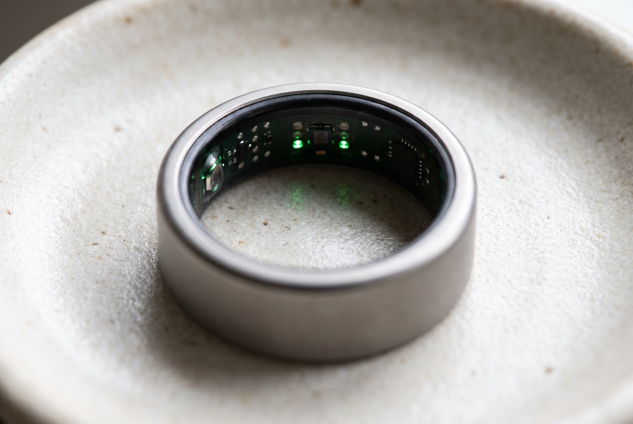 Smart-Ring am Finger mit Sensoren auf der Innenseite zur Messung von Puls und Schlaf