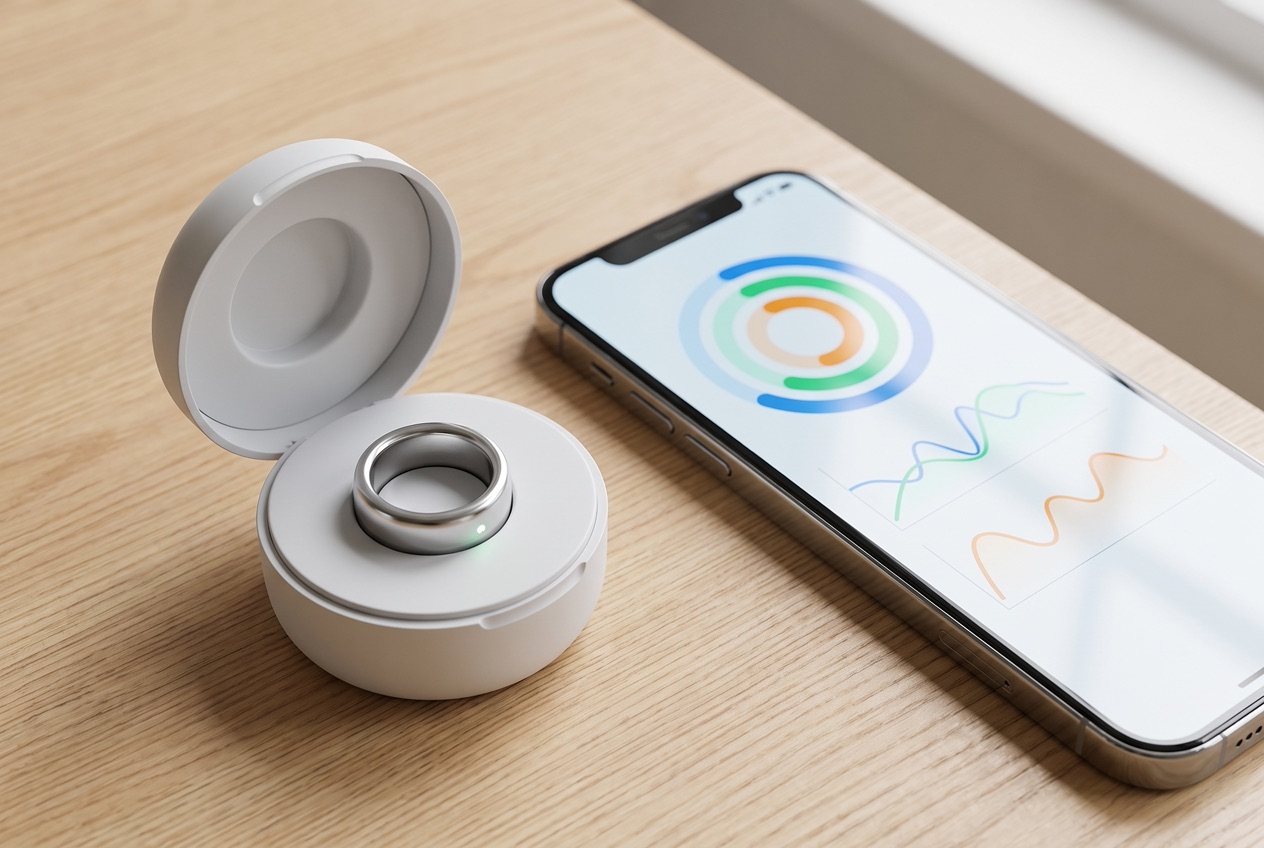 Smart-Ring liegt in seiner Ladeschale neben einem Smartphone mit Gesundheits-App