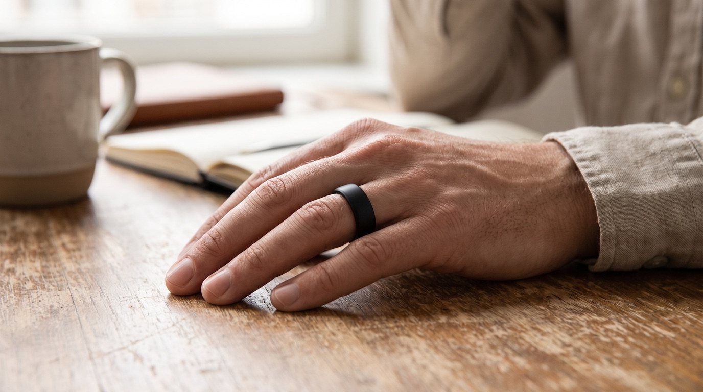 Person trägt einen unauffälligen Smart-Ring am Finger im Alltag, sieht aus wie normaler Schmuck