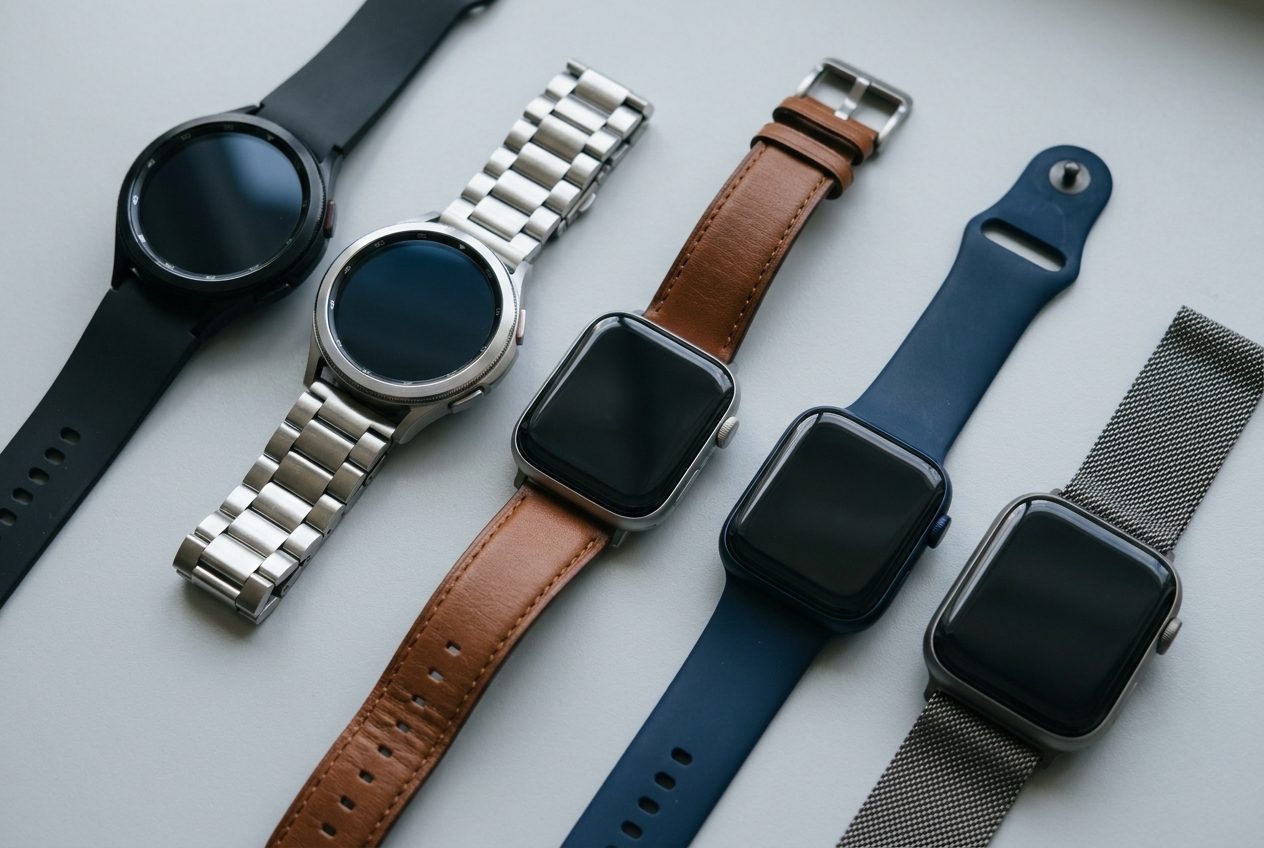 Verschiedene Smartwatches im Vergleich – Modelle mit rundem und eckigem AMOLED-Display und unterschiedlichen Armbändern