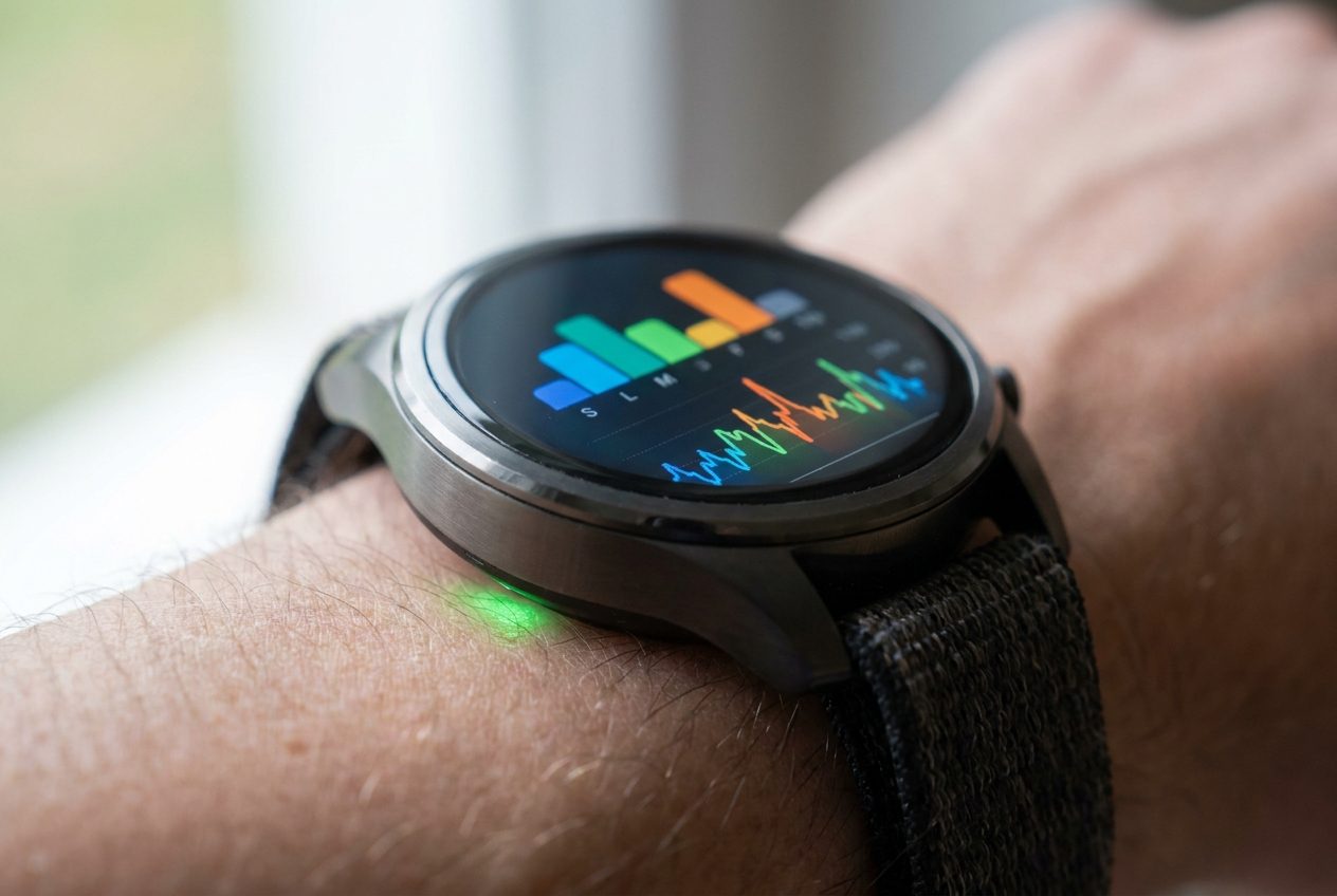 Smartwatch am Handgelenk zeigt Herzfrequenz und Fitnessdaten auf dem AMOLED-Display, grüner optischer Sensor auf der Rückseite