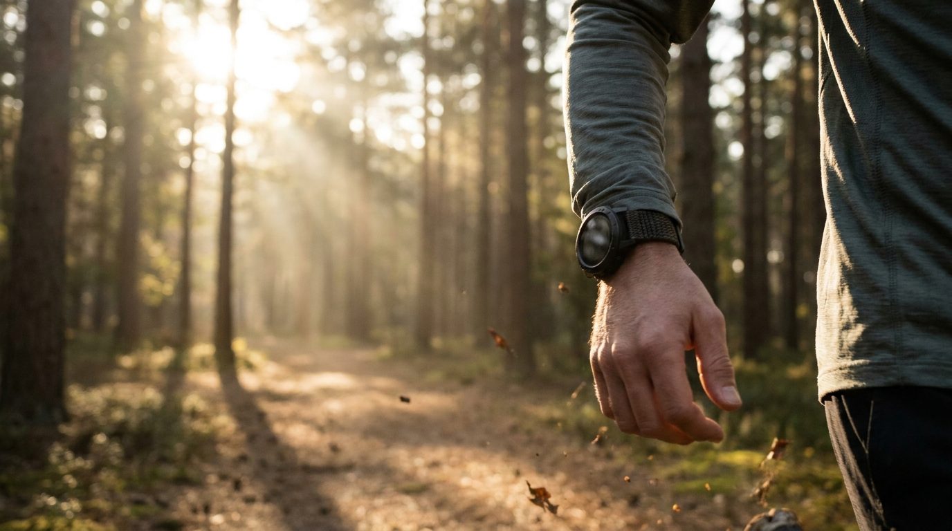 GPS-Smartwatch am Handgelenk eines Läufers beim Training im Wald