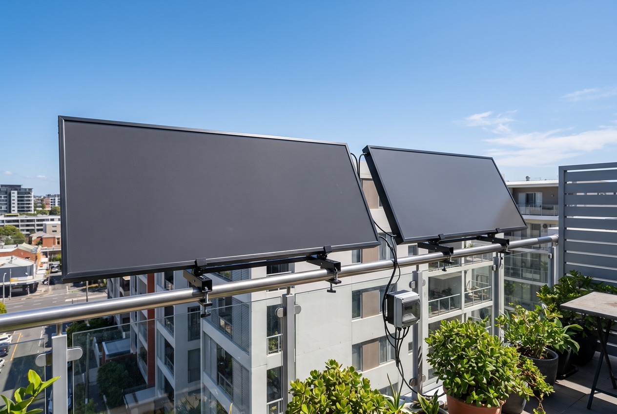 Zwei Solarmodule als Balkonkraftwerk am Balkongeländer eines Mehrfamilienhauses montiert