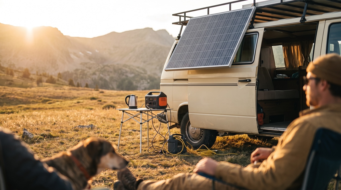 Solarmodul auf dem Dach eines Wohnmobils in der Natur für autarke Stromversorgung beim Camping