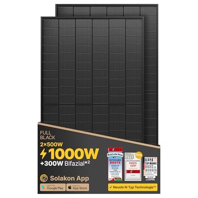 Solakon Solarpanel 500W, Bifazial Glas-Glas N-Type Solarmodul, 40v Full Black Solarmodule/Solar Module für Balkonkraftwe