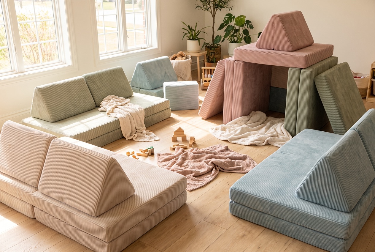 Mehrere Spielsofas aus Schaumstoff in verschiedenen Farben und Formen im Kinderzimmer