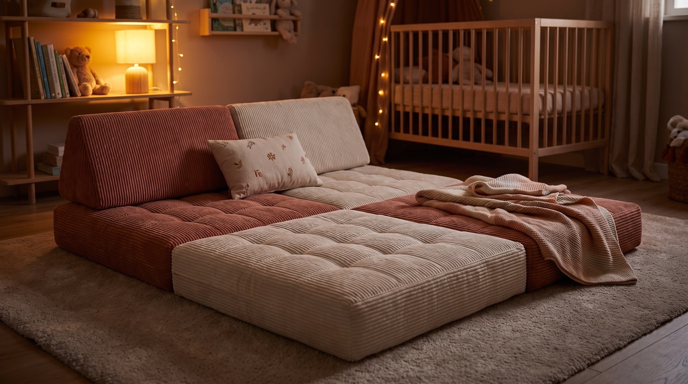 Zur Liegefläche ausgeklapptes Spielsofa mit Schlaffunktion im Kinderzimmer
