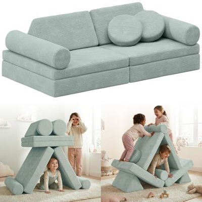 BELLABINO Nile Kindercouch mit Armlehnen 8-tlg. – Spielesofa mit Cordbezug Türkis – modulare Kindersofa aus Schaumstoff