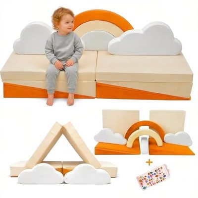Kinder Spielsofa – 11-TLG. Modulares Kindersofa 140x65x63 cm, Samtbezug wasserabweisend, 25D PU-Schaum, Spielcouch fürs