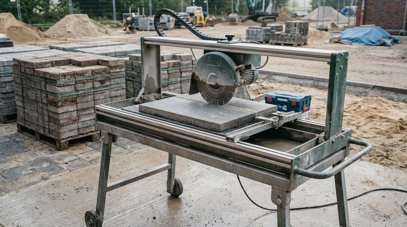 Brückensäge zum Steinschneiden auf einem Untergestell an einer Baustelle