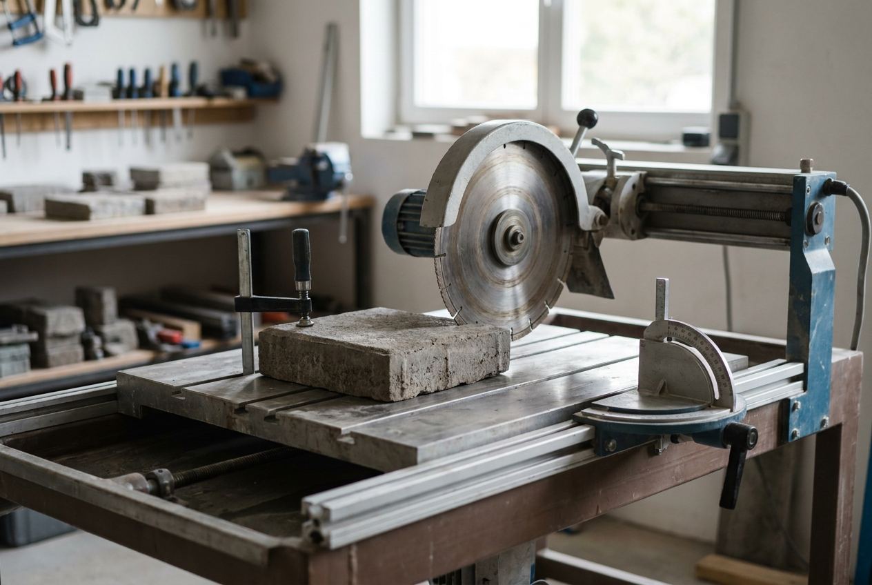 Tischbauart einer Steintrennmaschine mit rundem Diamant-Trennblatt und Anschlag