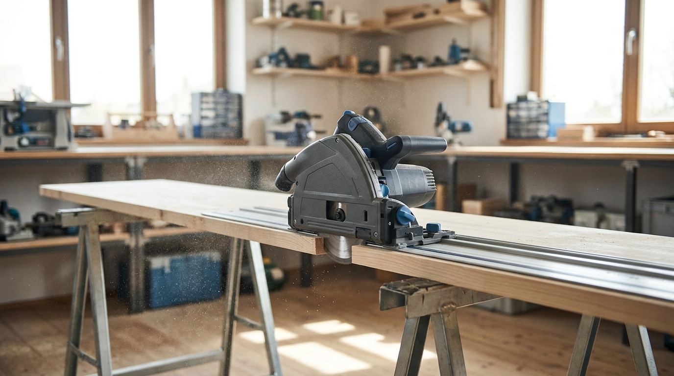 Tauchsäge auf einer Führungsschiene beim Zuschnitt eines langen Brettes in einer hellen Werkstatt