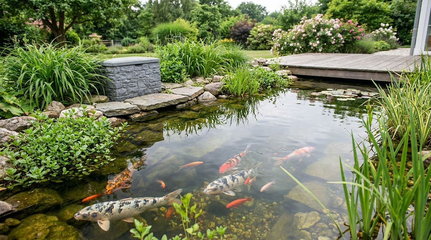 Gepflegter Gartenteich mit glasklarem Wasser, Fischen und Wasserpflanzen