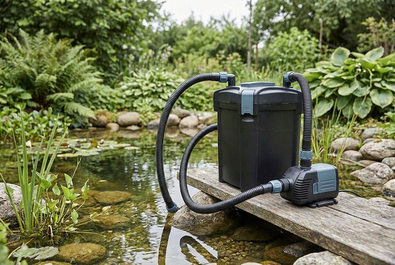 Teichfilter Set mit Filterbox, Pumpe und Schlauch am Rand eines Gartenteichs