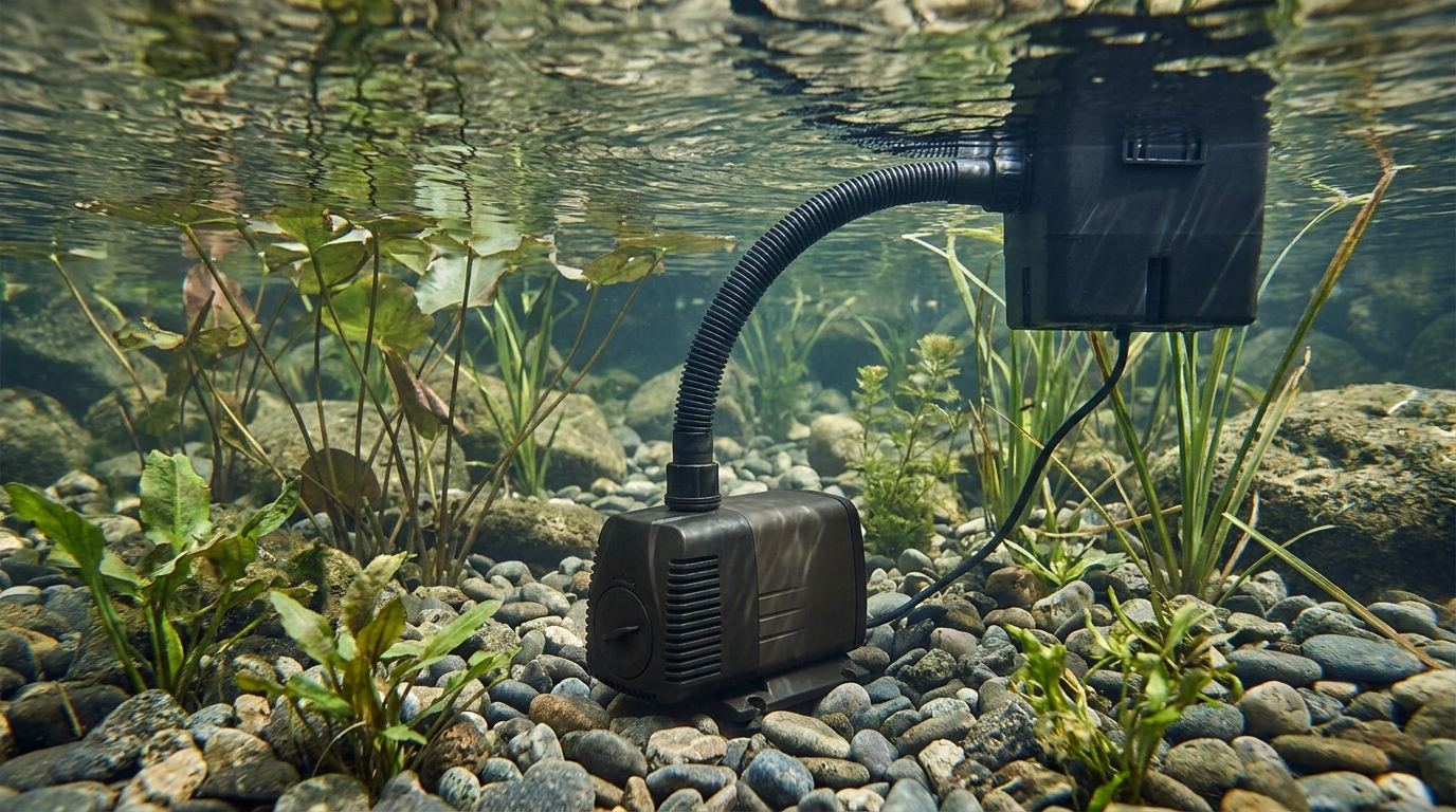 Unterwasserpumpe am Teichgrund mit Schlauch zum Teichfilter