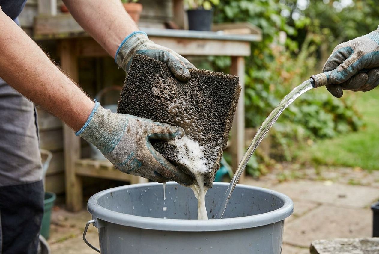 Reinigung eines Filterschwamms unter fliessendem Wasser bei der Wartung