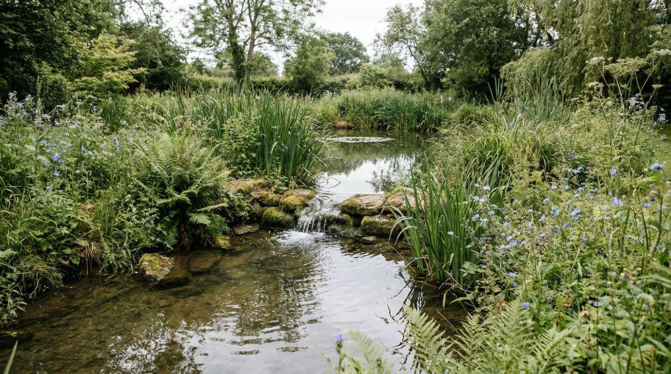 Naturnaher Gartenteich mit kleinem Bachlauf und Wasserpflanzen