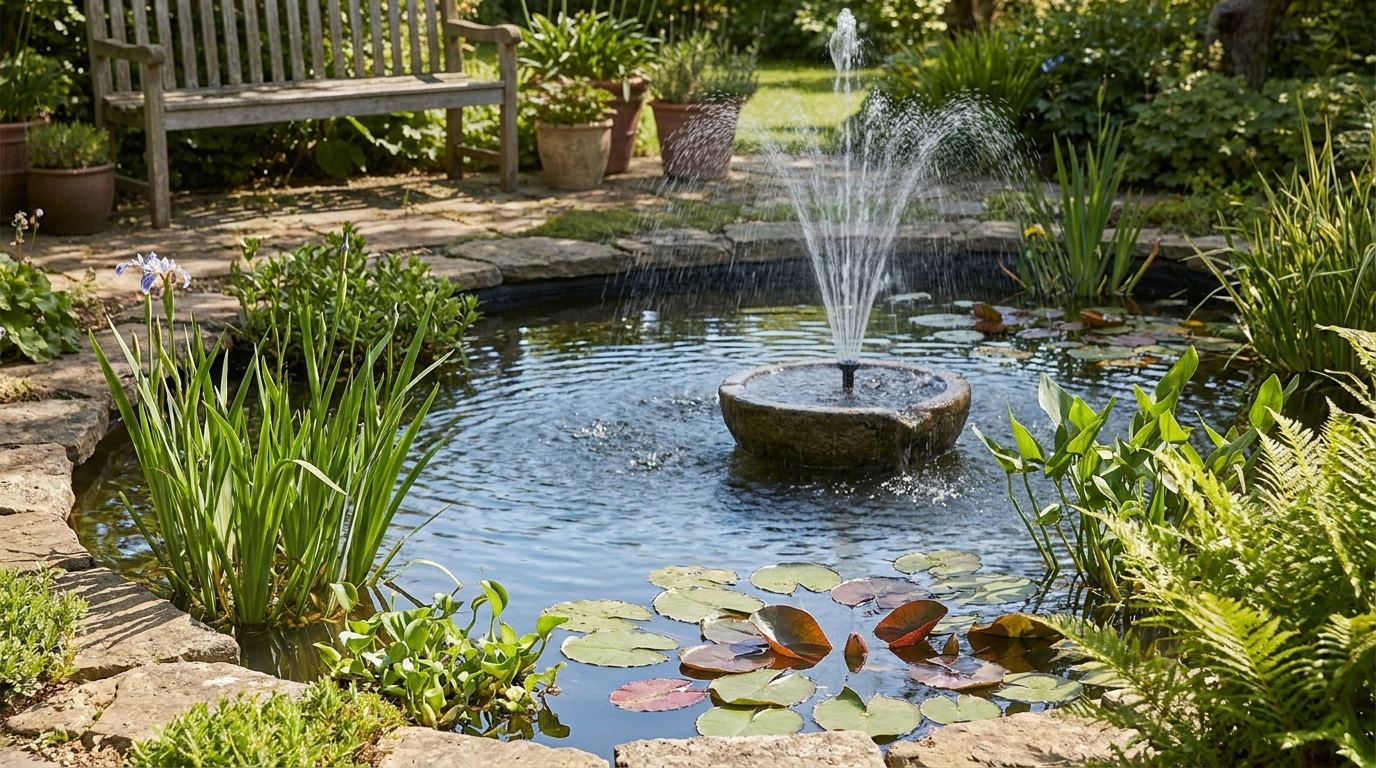 Gepflegter Gartenteich mit sanft plätscherndem Springbrunnen und Wasserpflanzen