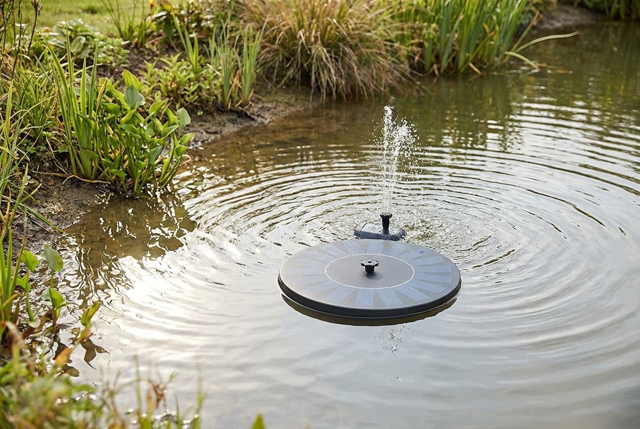 Schwimmendes Solarpanel treibt eine kleine Teichpumpe mit Fontäne an