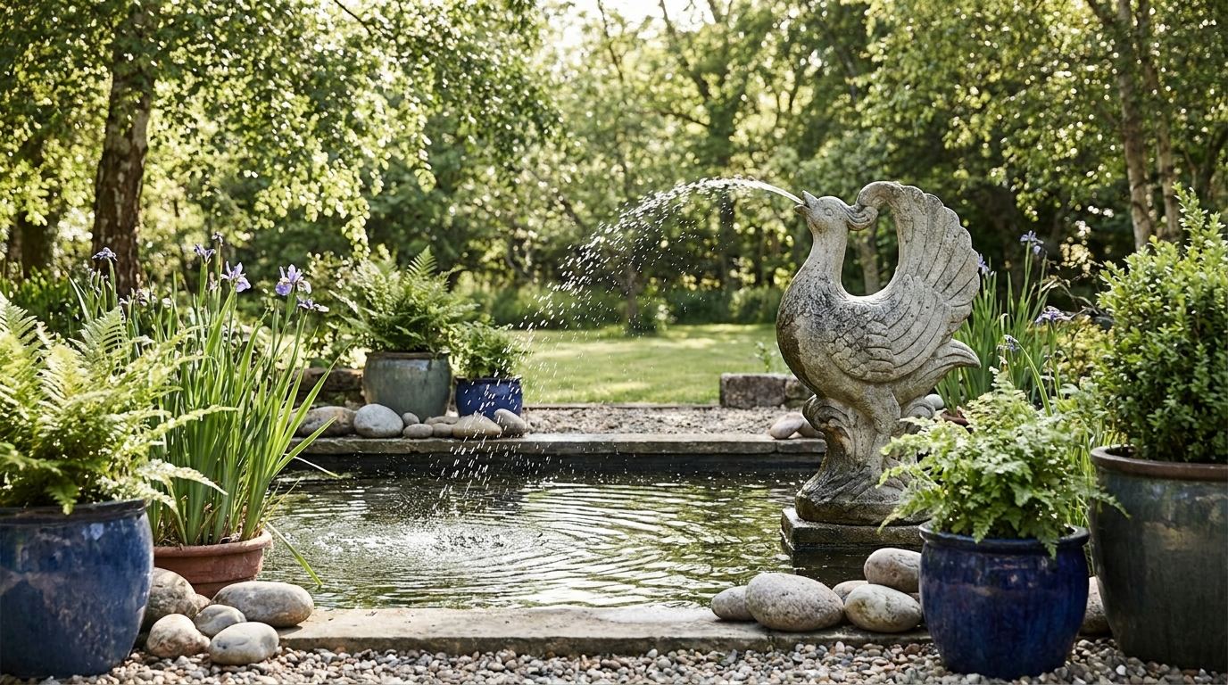 Springbrunnen im Gartenteich verteilt eine Fontäne aus glitzernden Wassertropfen