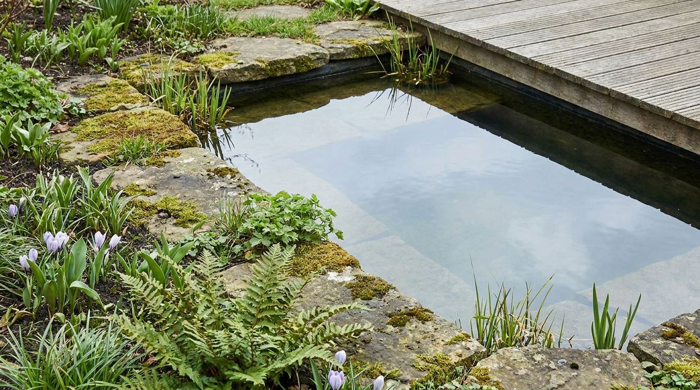 Gepflegter Gartenteich im Frühling mit klarem Wasser, Steinen und frischen Pflanzen