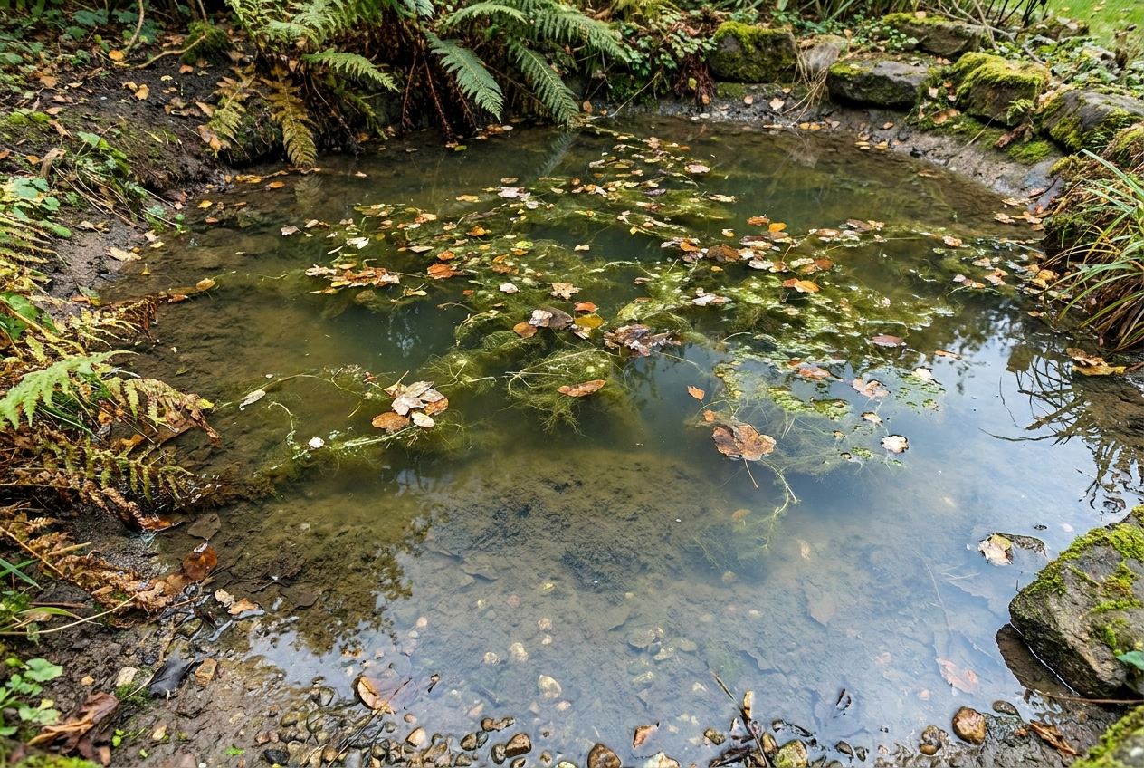 Verschmutzter Gartenteich mit trübem Wasser, Laub und Algen an der Oberfläche