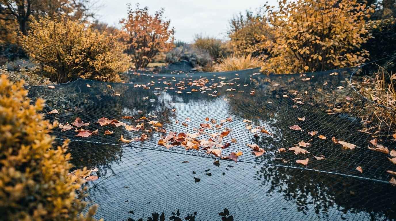 Schutznetz über einem Gartenteich im Herbst, das herabfallendes Laub auffängt