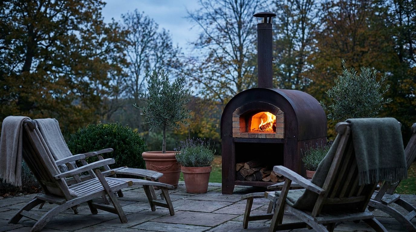 Terrassenofen mit brennendem Feuer auf einer Terrasse in der Abenddämmerung