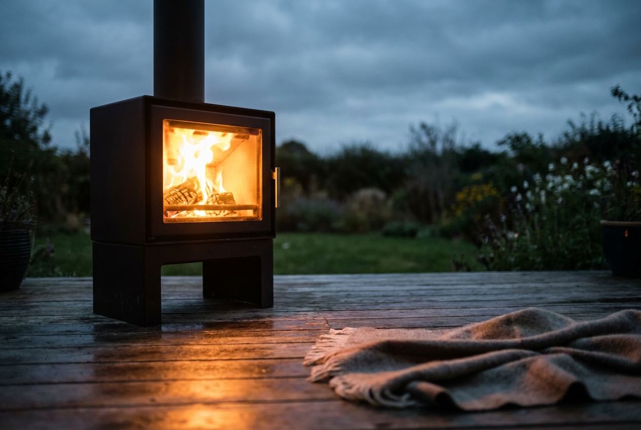 Kompakter Terrassenofen mit Feuer hinter der Glastür auf einem Holzdeck