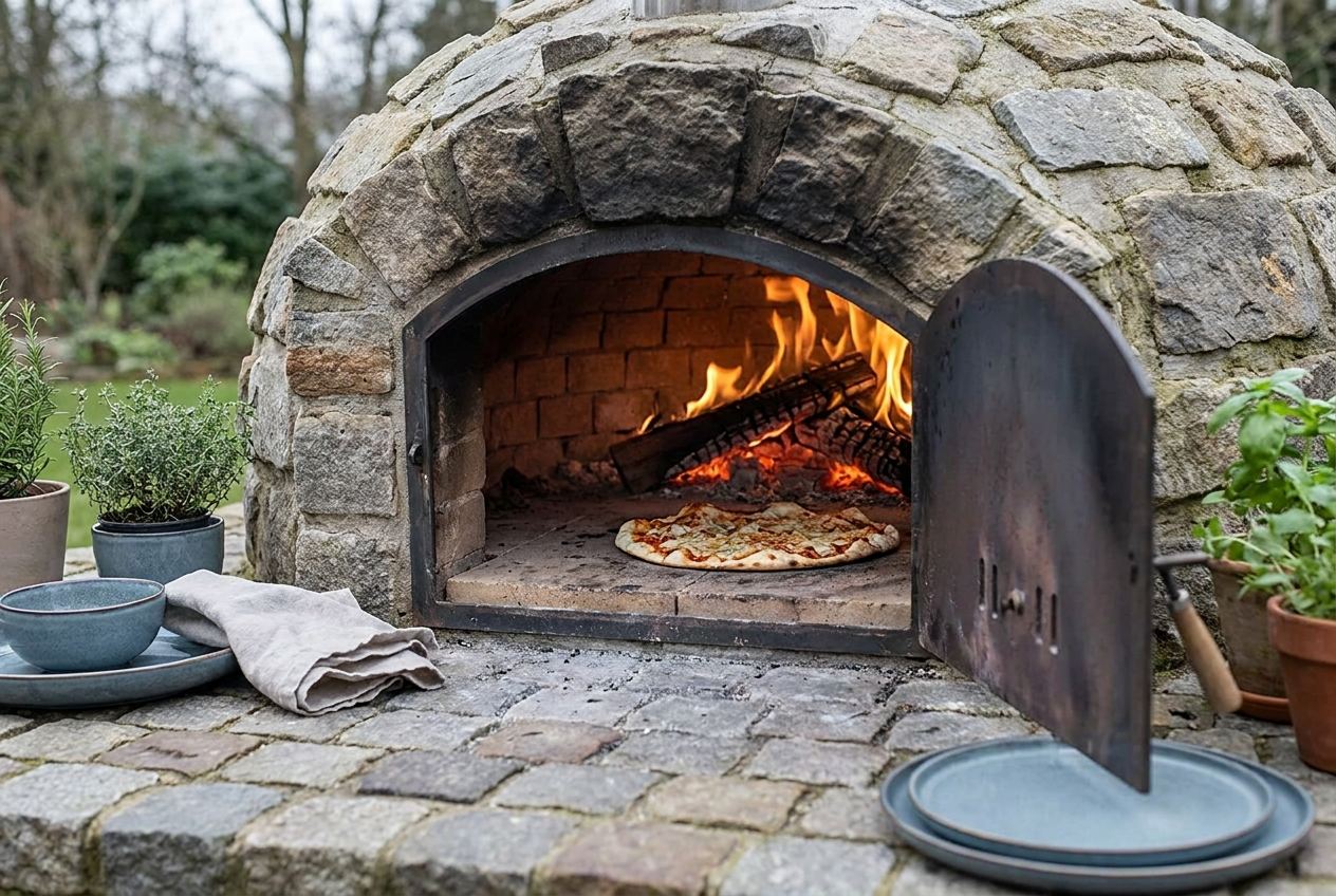 Fladenbrot backt im steinernen Feuerraum eines Terrassenofens über glühenden Kohlen