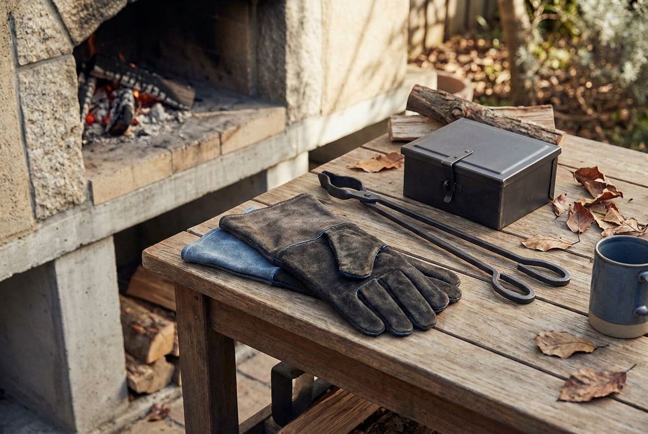Kaminhandschuhe, Feuerzange und Aschenkasten neben einem Terrassenofen