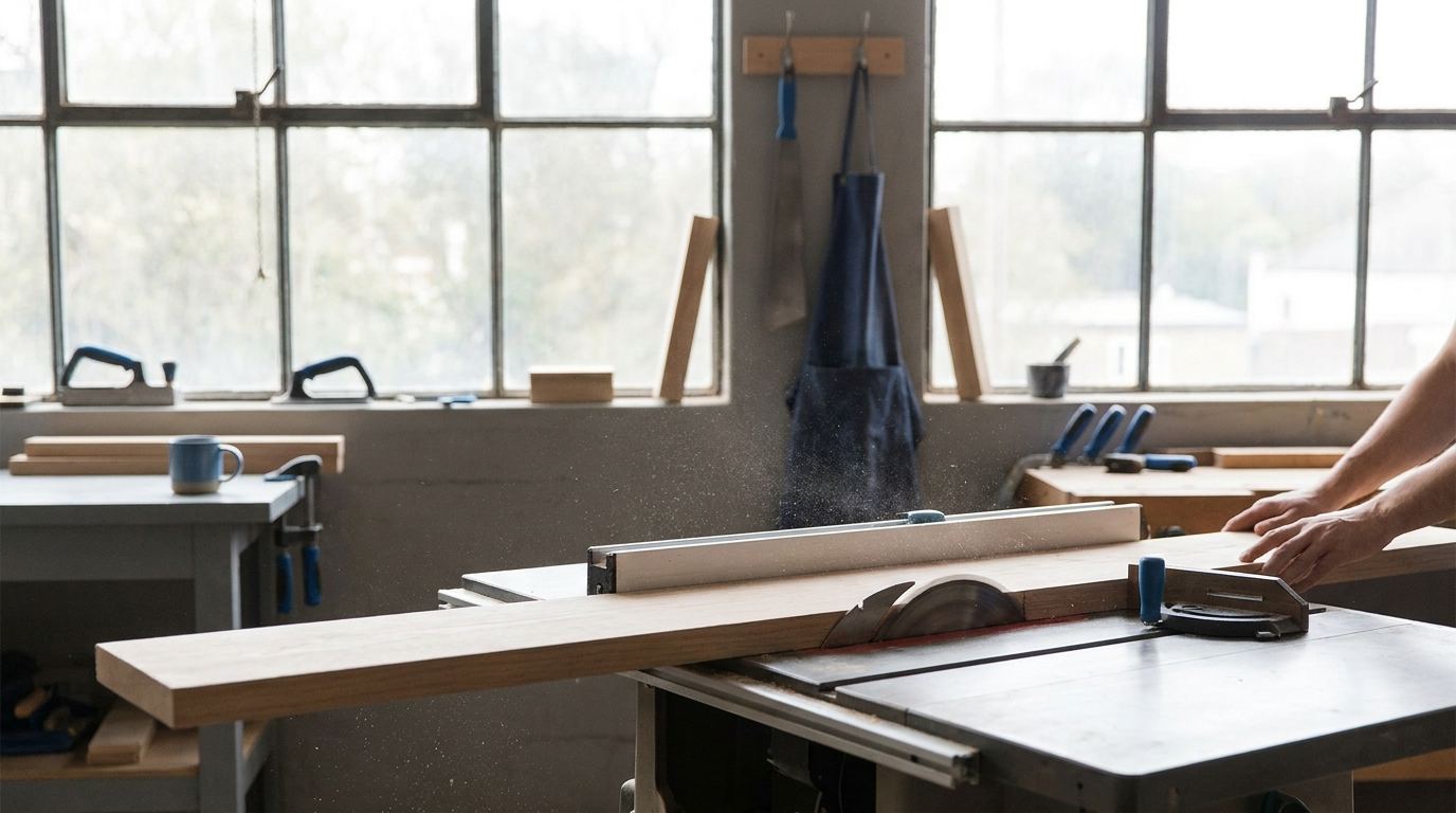 Tischkreissäge in einer hellen Werkstatt beim Zuschnitt eines Holzbretts