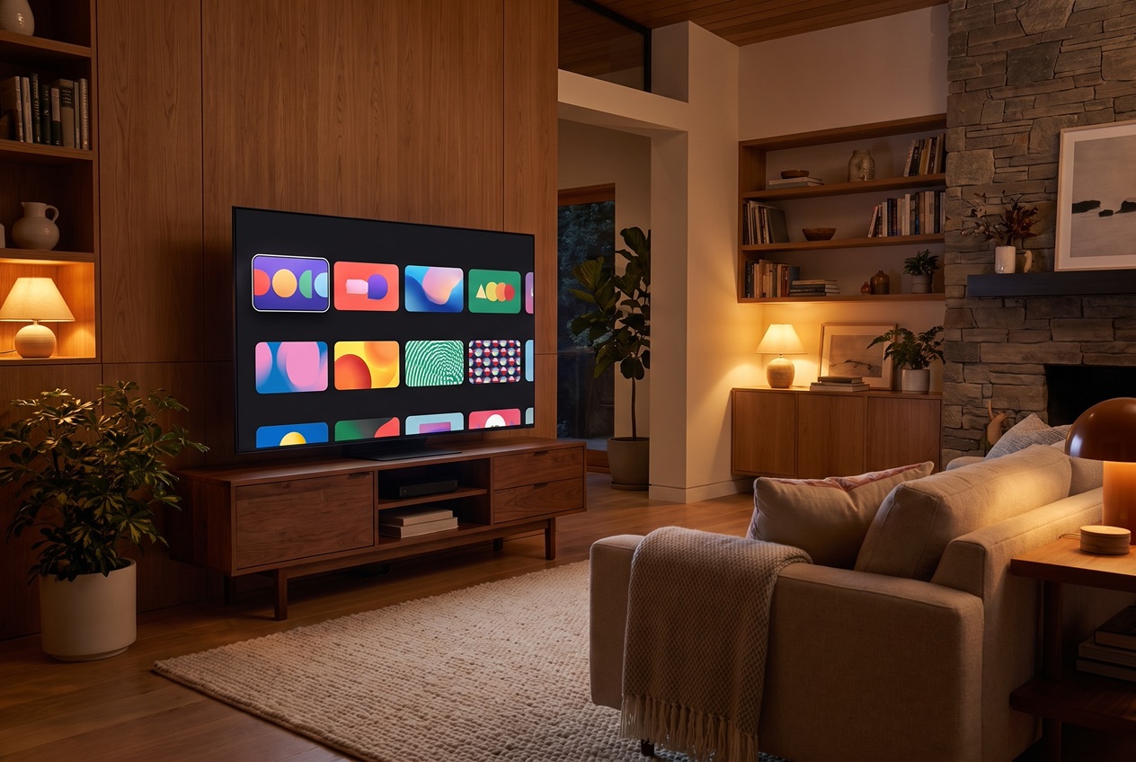 Großer 4K-Fernseher im Wohnzimmer zeigt eine gestochen scharfe Streaming-Oberfläche mit brillanten Farben