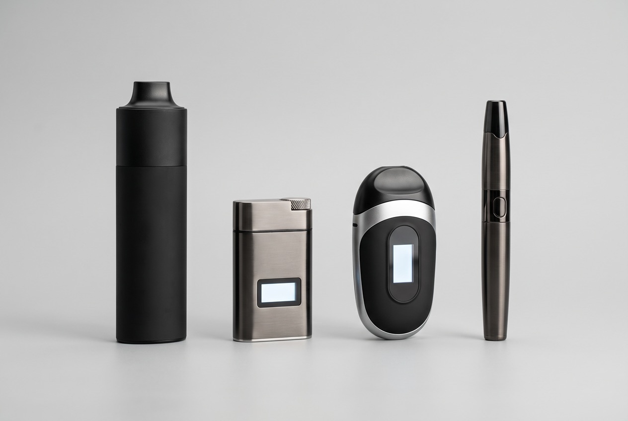Mehrere Kräuter-Vaporizer nebeneinander mit Display und Mundstück auf dunklem Untergrund