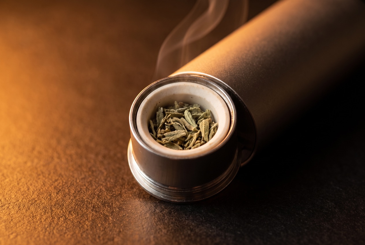 Kräuter-Vaporizer mit sichtbarer Heizkammer und aufsteigendem Dampf, Nahaufnahme
