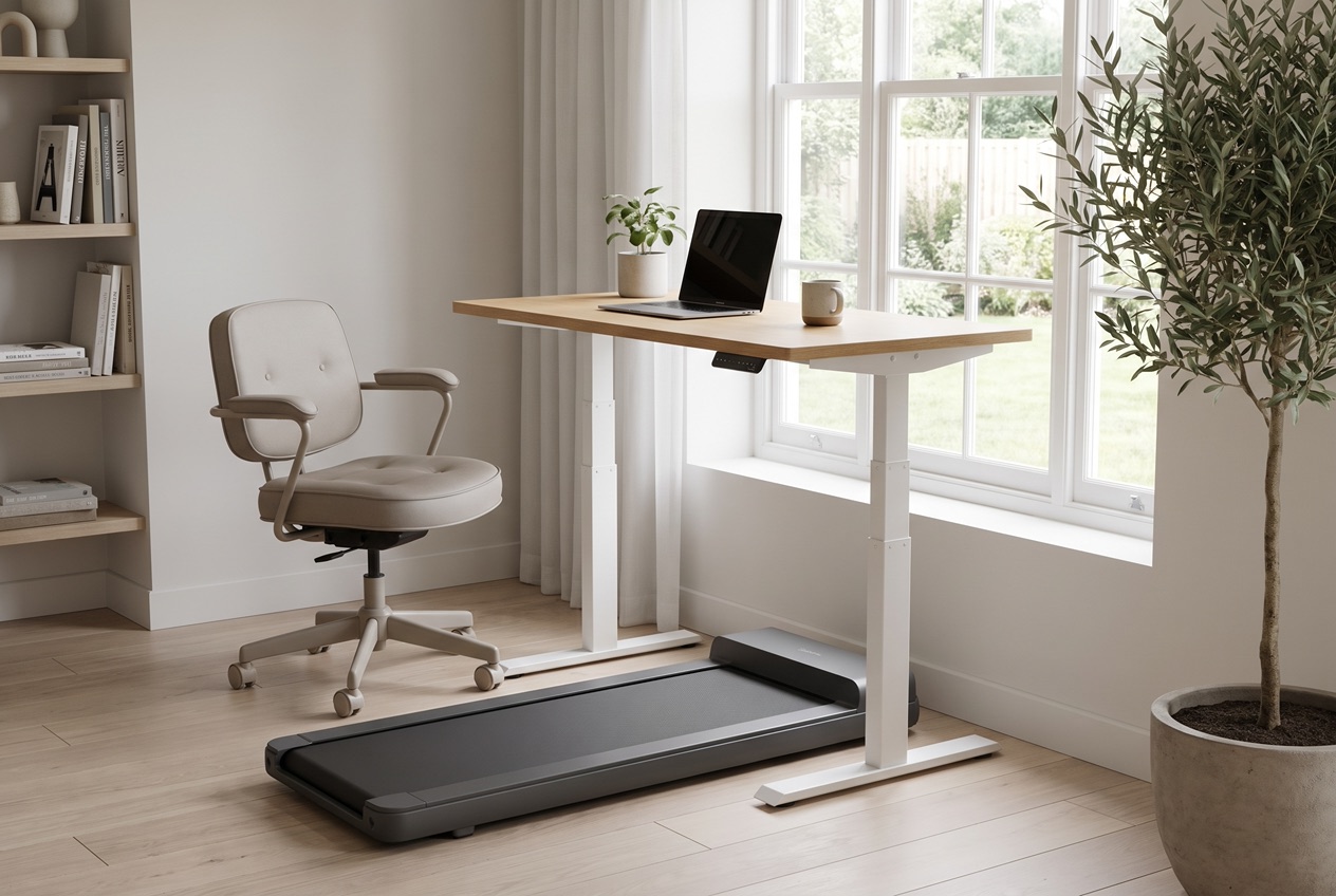 Walking Pad unter einem Stehschreibtisch im Homeoffice, eine Person geht während der Arbeit