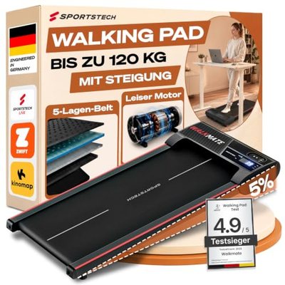 Sportstech Walking Pad bis 6 km/h – manuelle Steigung bis 5%, inklusive App Mitgliedschaft, LCD Display, Schrittzähler, 