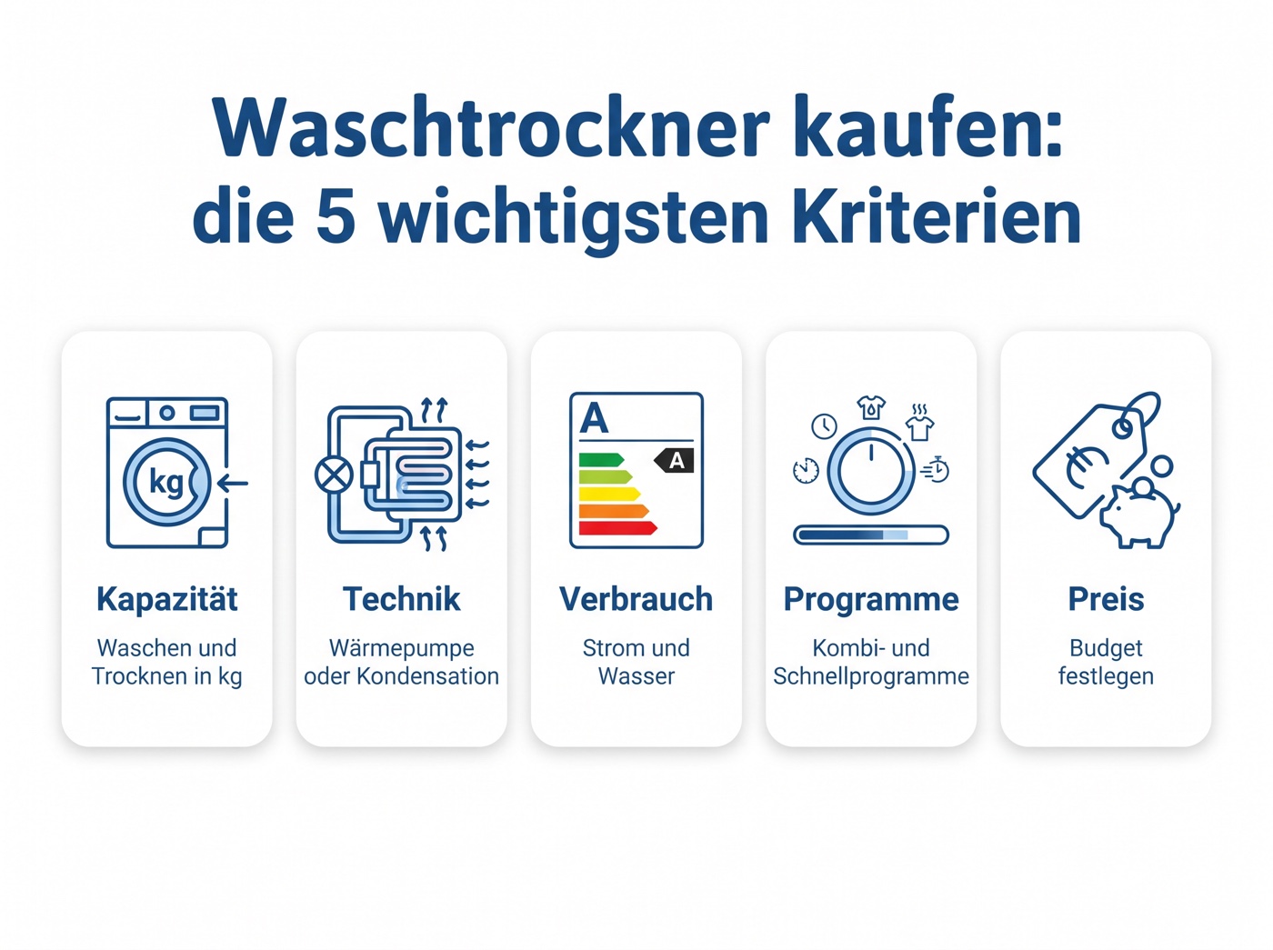 Infografik: die 5 wichtigsten Kaufkriterien für einen Waschtrockner – Kapazität, Technik, Verbrauch, Programme und Preis