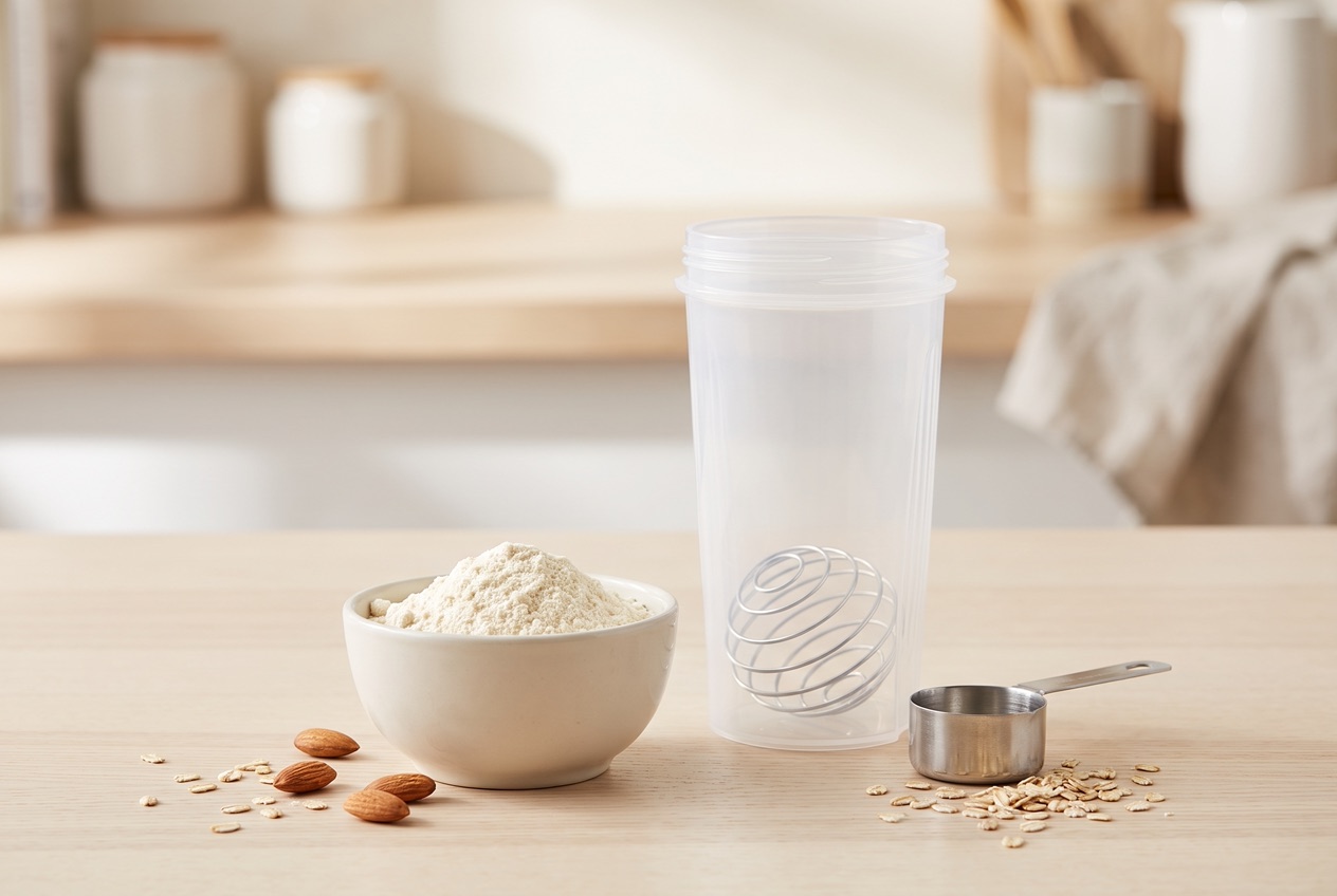 Whey-Protein-Pulver in einer Schale neben einem Shaker und einem Messlöffel auf einer hellen Fläche