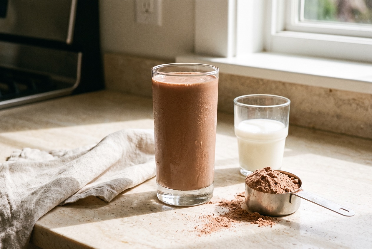 Nahaufnahme von cremigem Whey-Protein-Shake in einem Glas neben frischer Milch und Pulver
