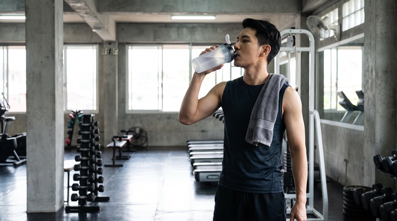 Sportlerin trinkt nach dem Training einen Whey-Protein-Shake aus einem Shaker im Fitnessstudio
