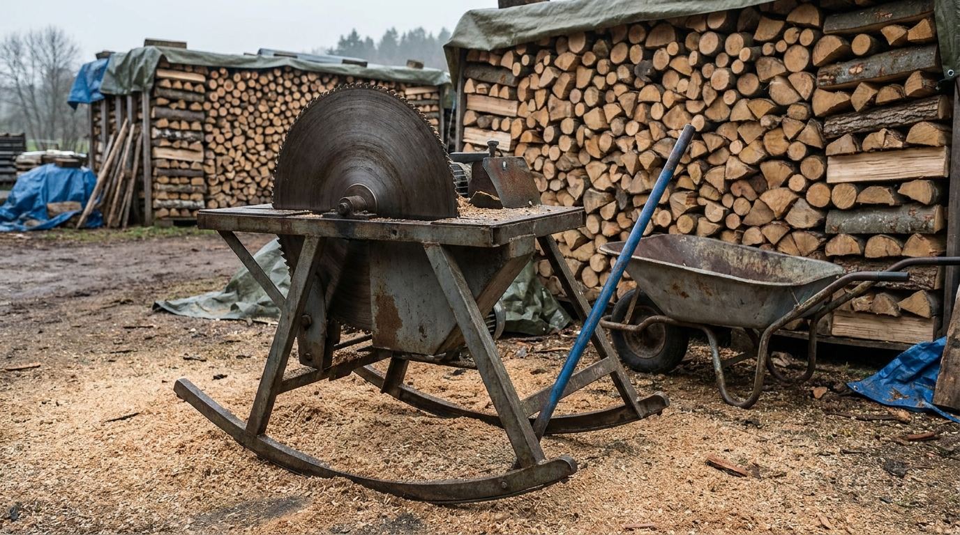 Wippsäge im Freien neben gestapeltem Brennholz auf einem ländlichen Hof