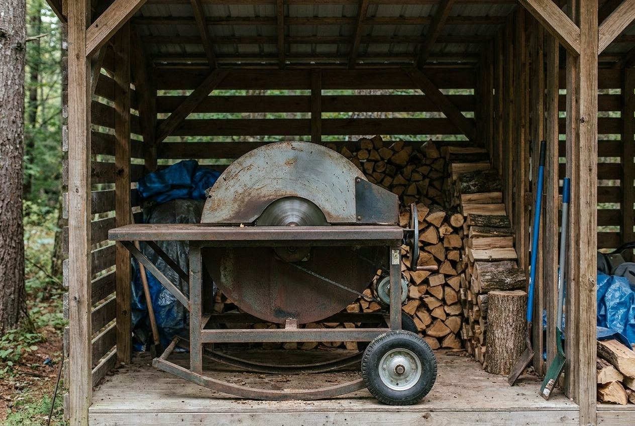 Wipp-Kreissäge mit großem Sägeblatt und Transportrollen im Holzschuppen