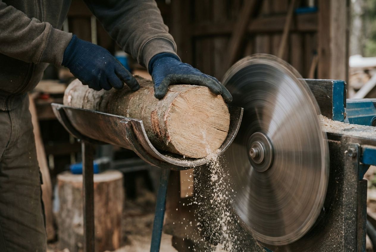 Holzscheit liegt in der U-förmigen Wippe und wird zum Sägeblatt geschwenkt