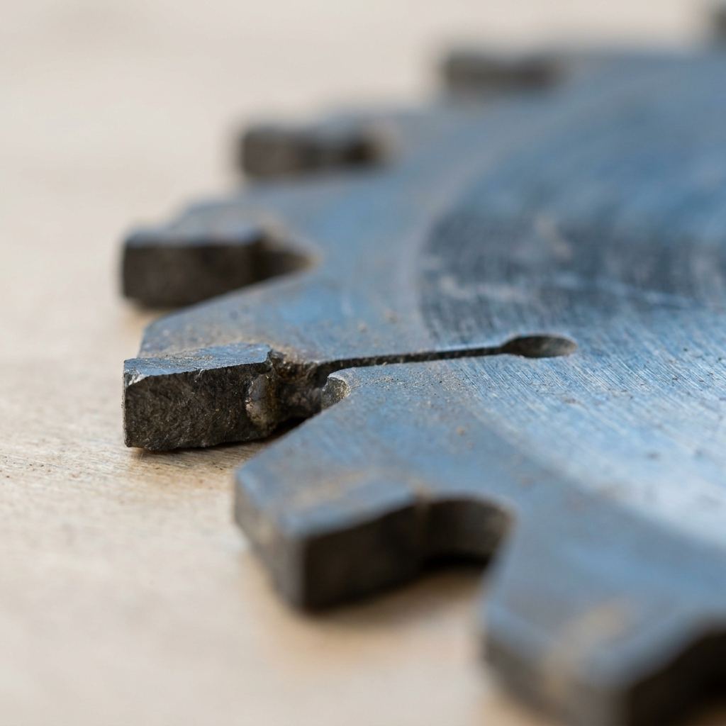 Nahaufnahme der aufgelöteten Hartmetallzähne eines großen Kreissägeblatts