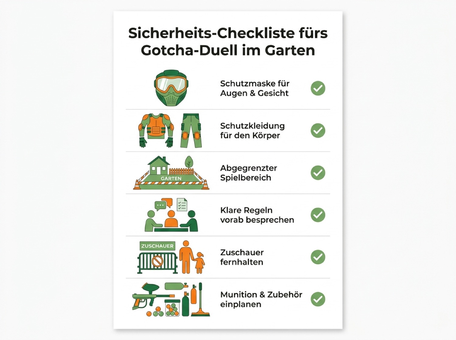 Checkliste mit Schutzausrüstung für den sicheren Einsatz von Paintball-Markierern im Garten