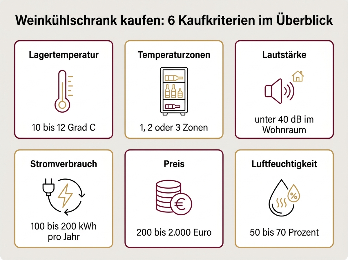 Infografik mit sechs Kaufkriterien für einen Weinkühlschrank