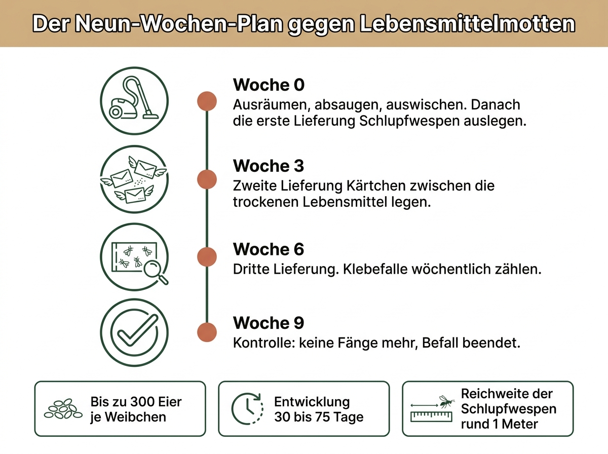 Infografik zum Neun-Wochen-Plan gegen Lebensmittelmotten